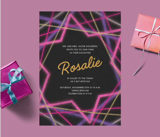 An invitation with a neon pink star of David and the name Rosalie.