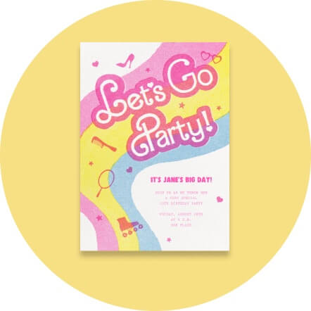 A card says 'Let's go party' in Barbie font.