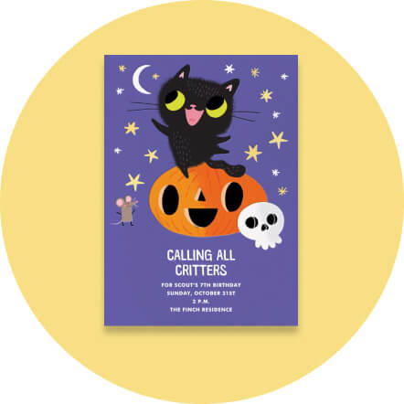 Purple card with smiling black cat sitting on a jack-o-lantern, alongside a happy ghost and mouse staring up at a crescent moon. Sitting on top of a yellow background.