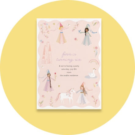 A card with princesses, castles, and unicorns.