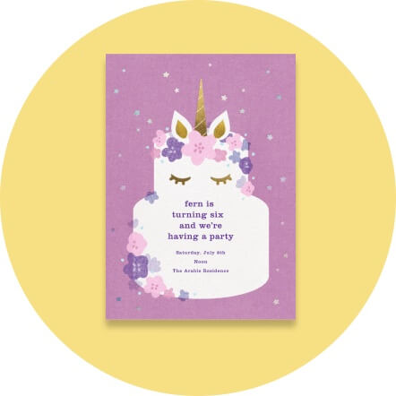 A card with a unicorn cake.