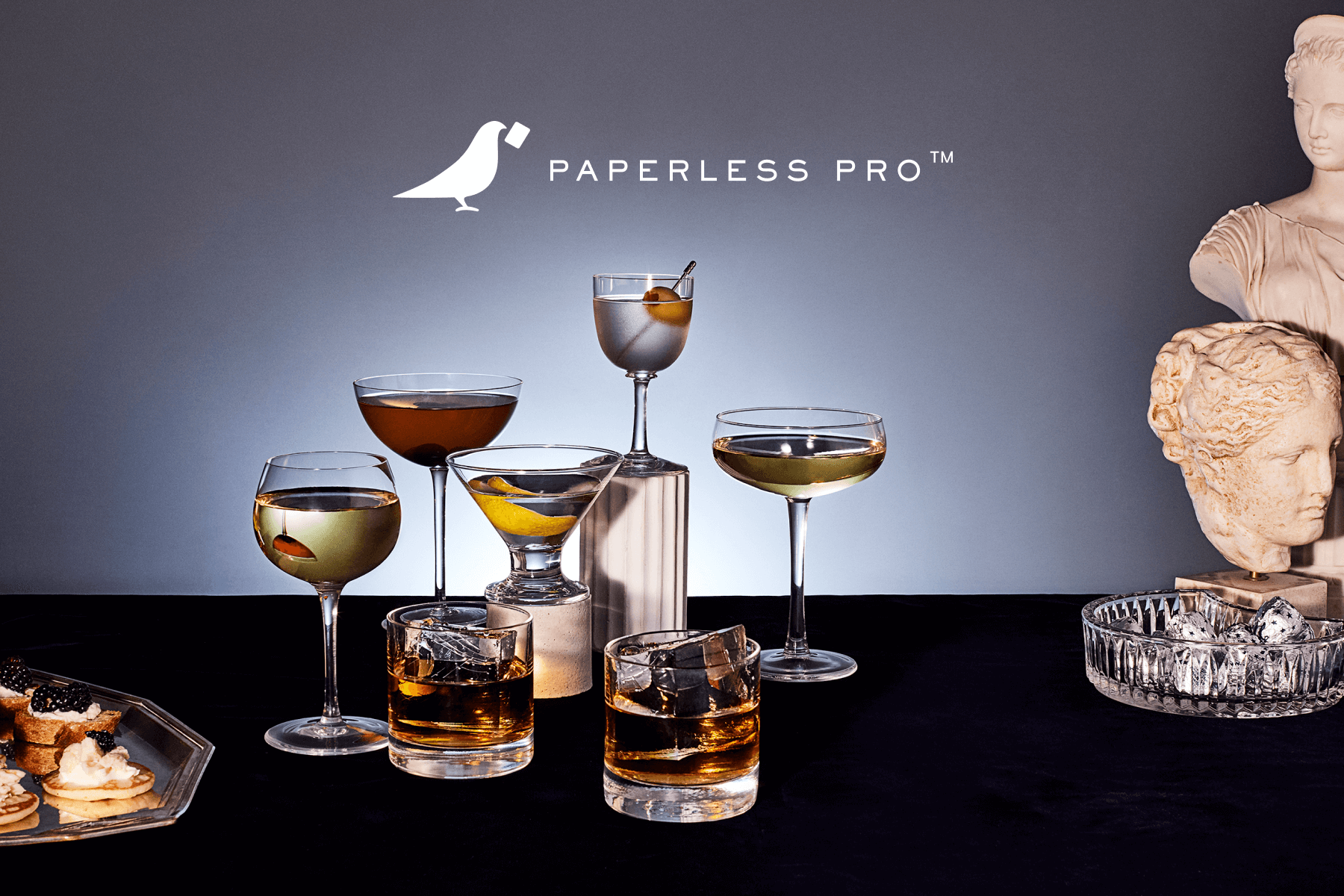 Various cocktails, a tray of hors d’oeuvres, and busts of statues in front of a gray backdrop along with the logo for ‘PAPERLESS PRO’.