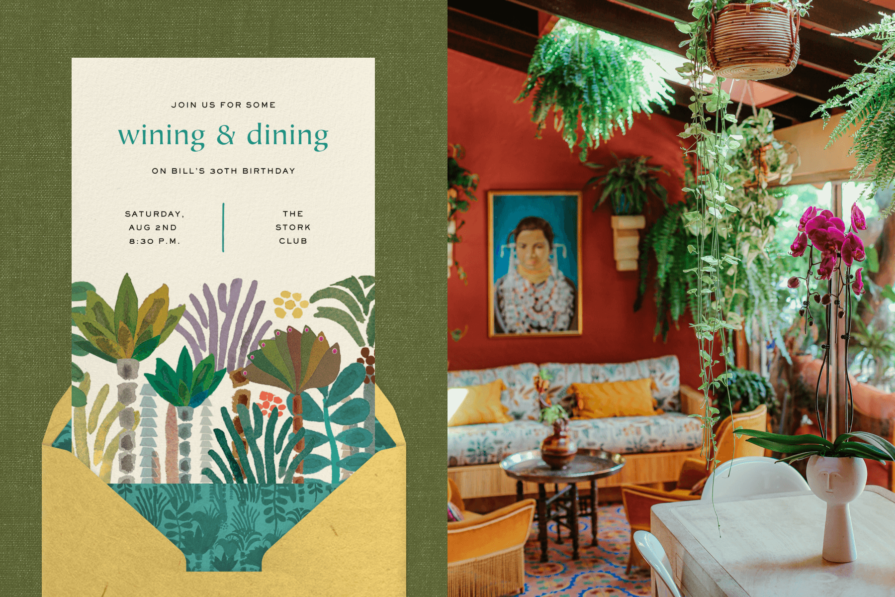 An invitation featuring various plants; A living room full of houseplants. 