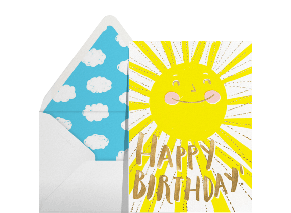 An envelope with cloud lining; a card with a yellow sun reads 'happy birthday.'