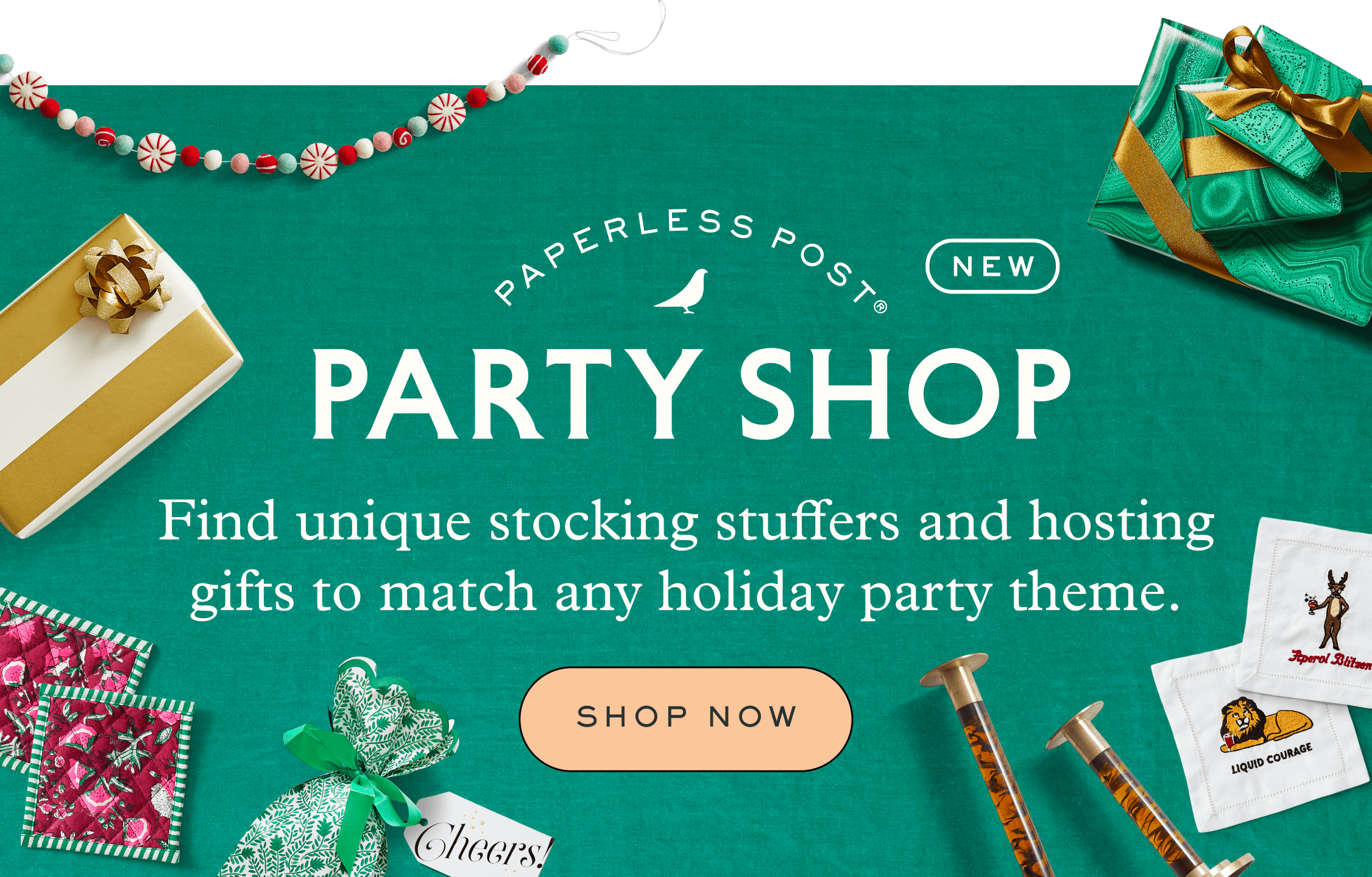 A green banner with wrapped and unwrapped holiday gifts reads "Paperless Post Party Shop - Find unique stocking stuffers and hosting gifts to match any holiday party theme. Shop now."