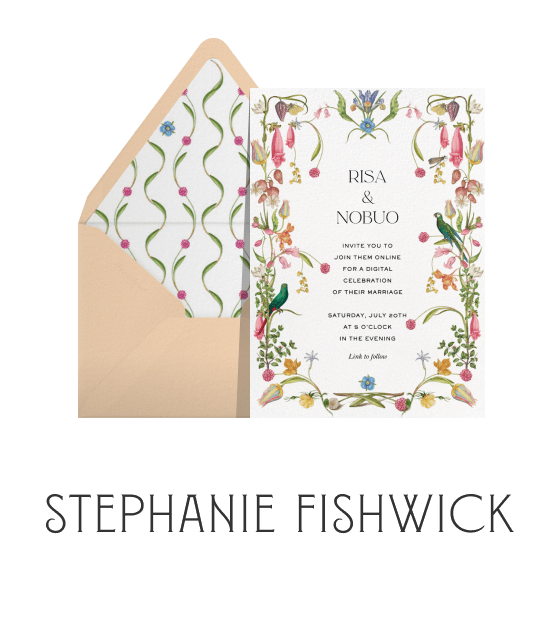 A Stephanie Fishwick invitation with a tropical floral border with two birds perched in the vines, a coordinating envelope, and logo.